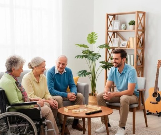 Residentes conversando com um cuidador na sala de convivência